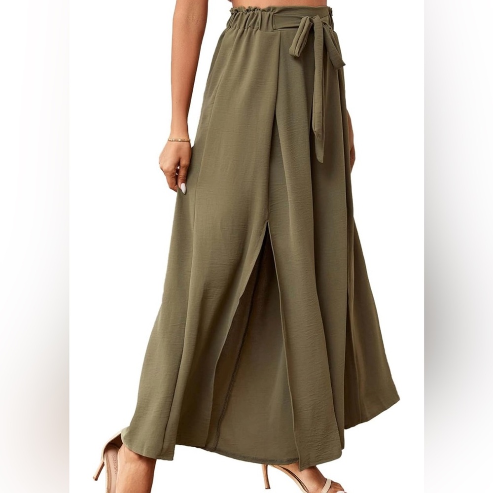 Olive Green Tie Front High Waist Side Flowy Wide Leg Pleated Pant with Belt - Picture 4 of 6